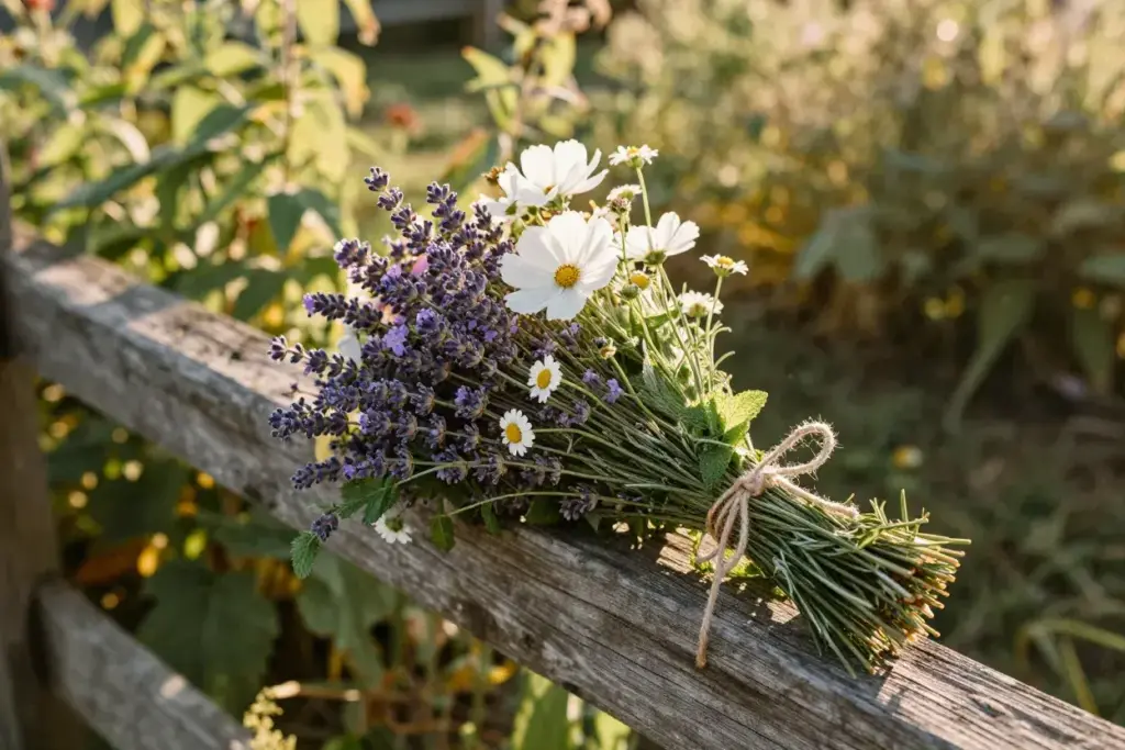 Lavender rosemary wildflower herb bundle in garden