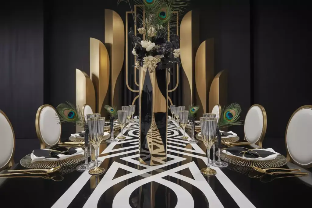 Art deco glamour tablescape with gold chiavari chairs