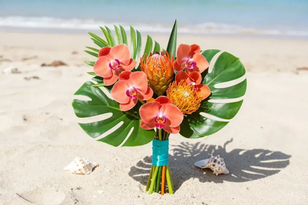 Coral orchid tropical mini bouquet on beach