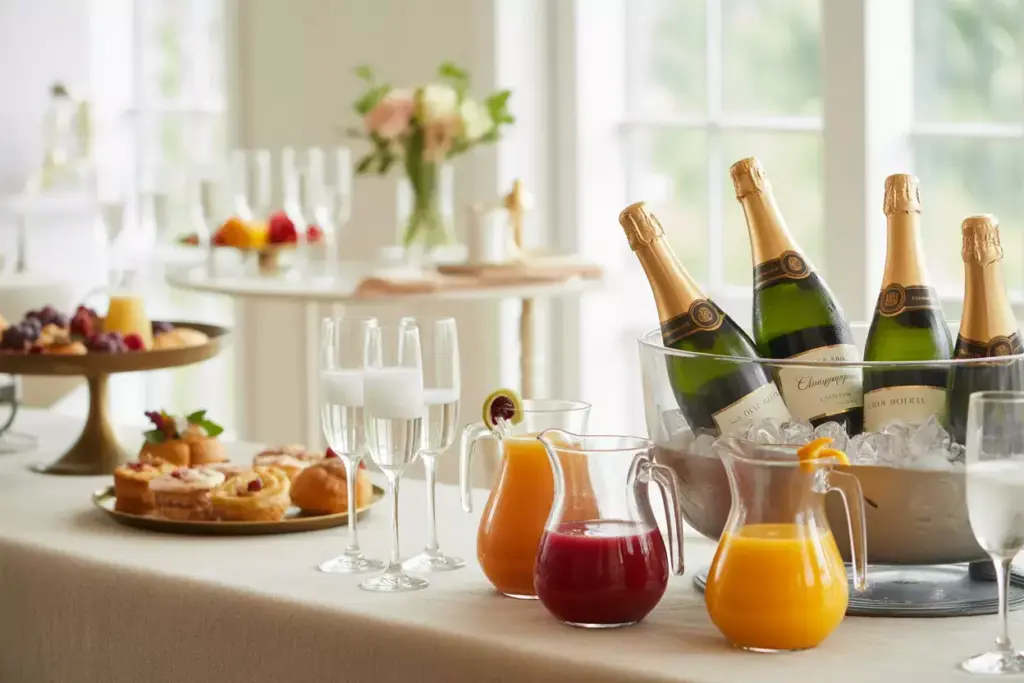 Elegant champagne brunch bar with fruit purees and flutes
