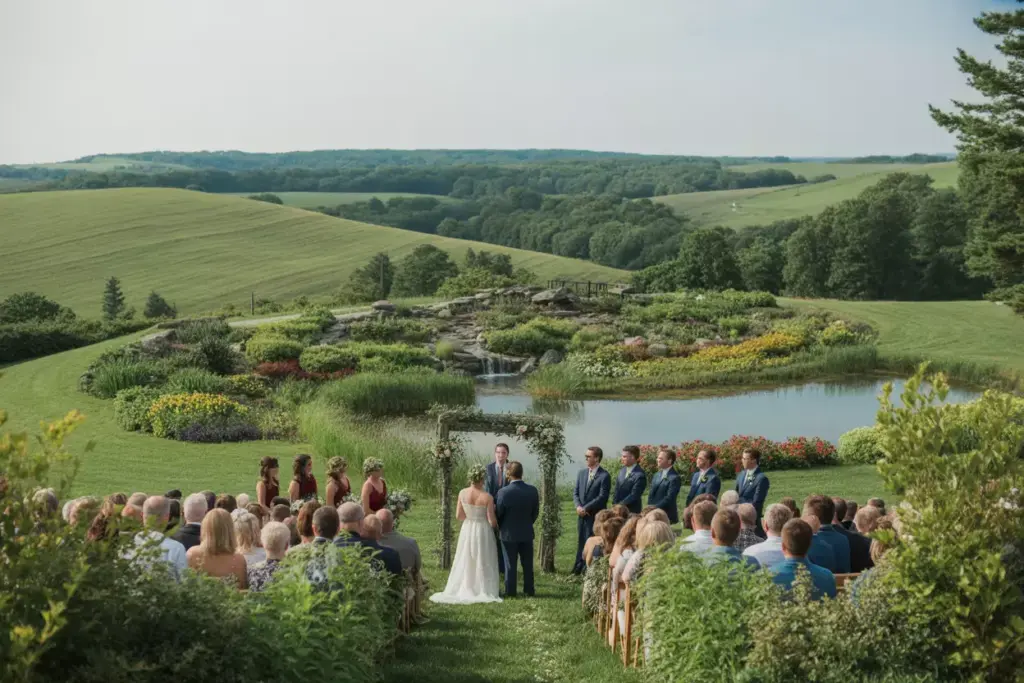 Pastoral wedding on rolling hills with gardens and waterfall michigan