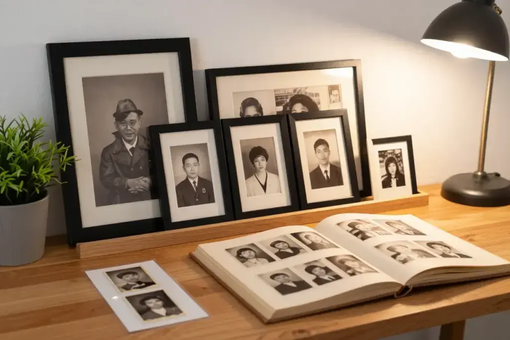 Curated display framed vintage photo strips acid free preservation materials