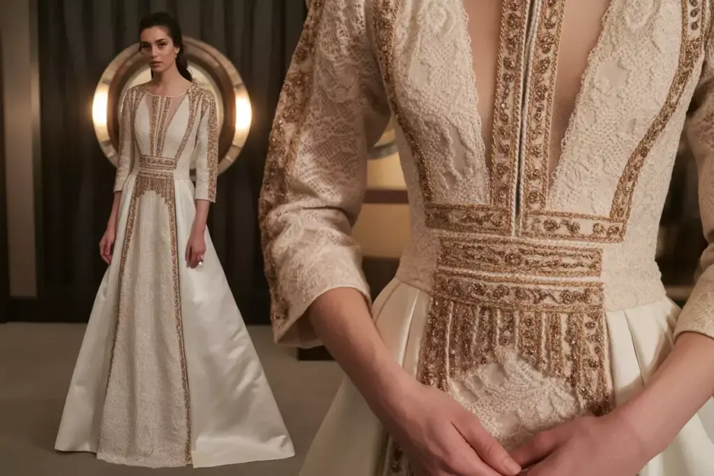 Reem acra hand embroidered silk gown cultural details