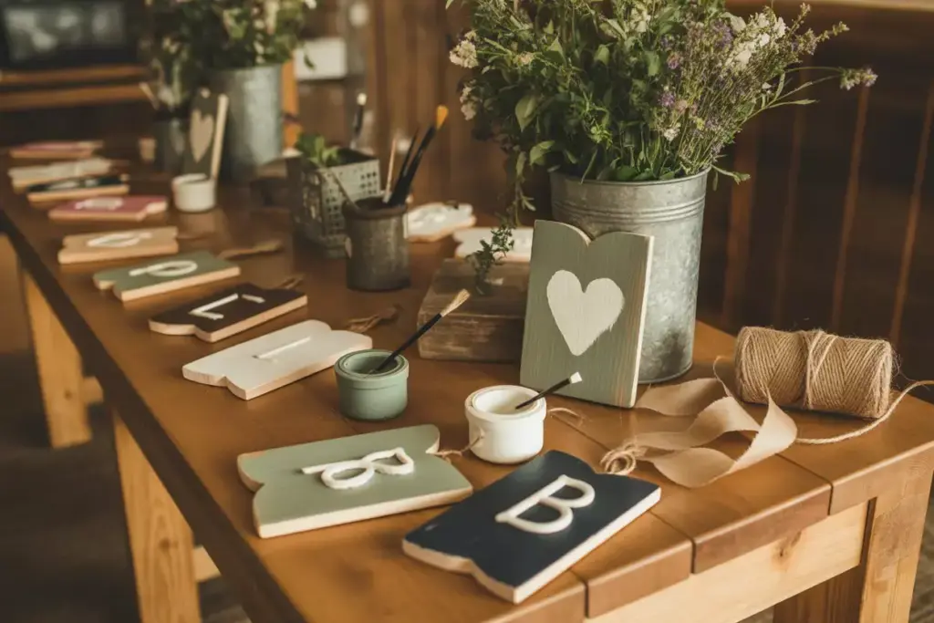 Rustic farmhouse diy craft station with wood signs and wildflowers