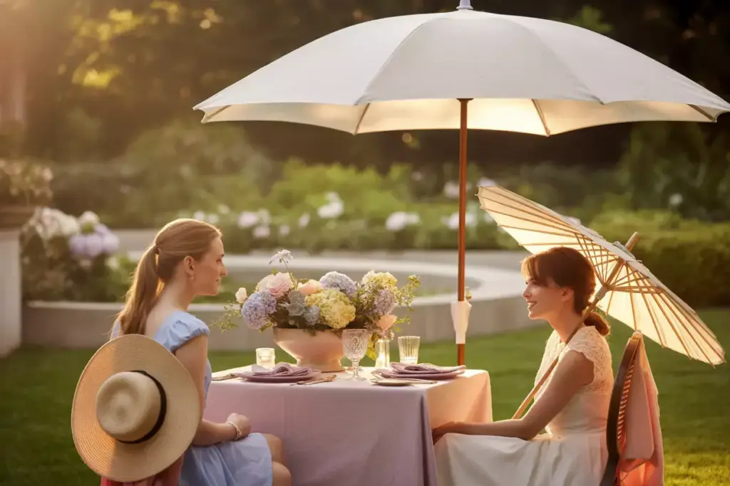 Garden party sophistication table in golden hour with floral centerpiece