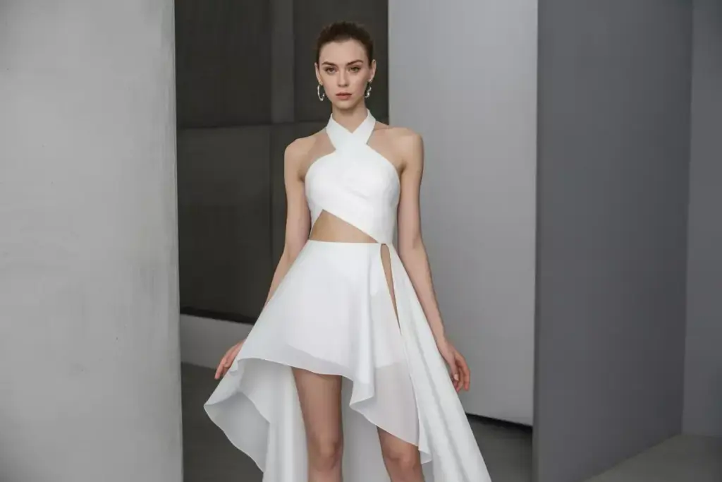 Modern asymmetrical hemline chiffon halter wedding dress