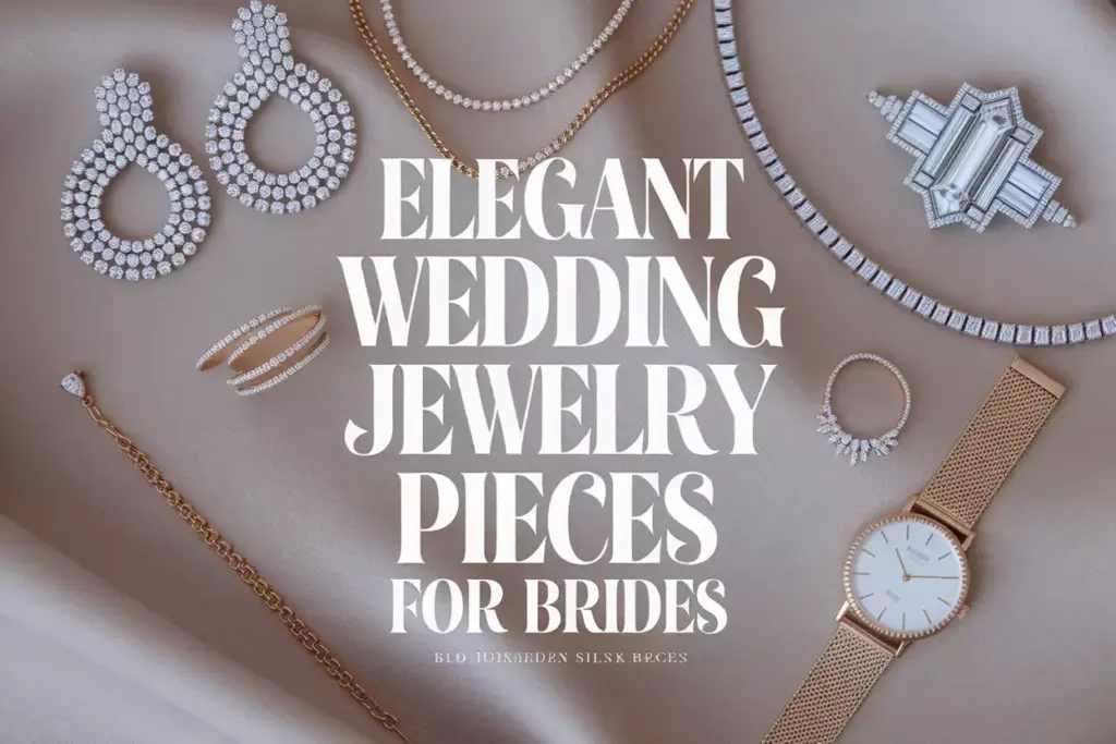 Curated bridal jewelry flat lay on blush silk with negative space