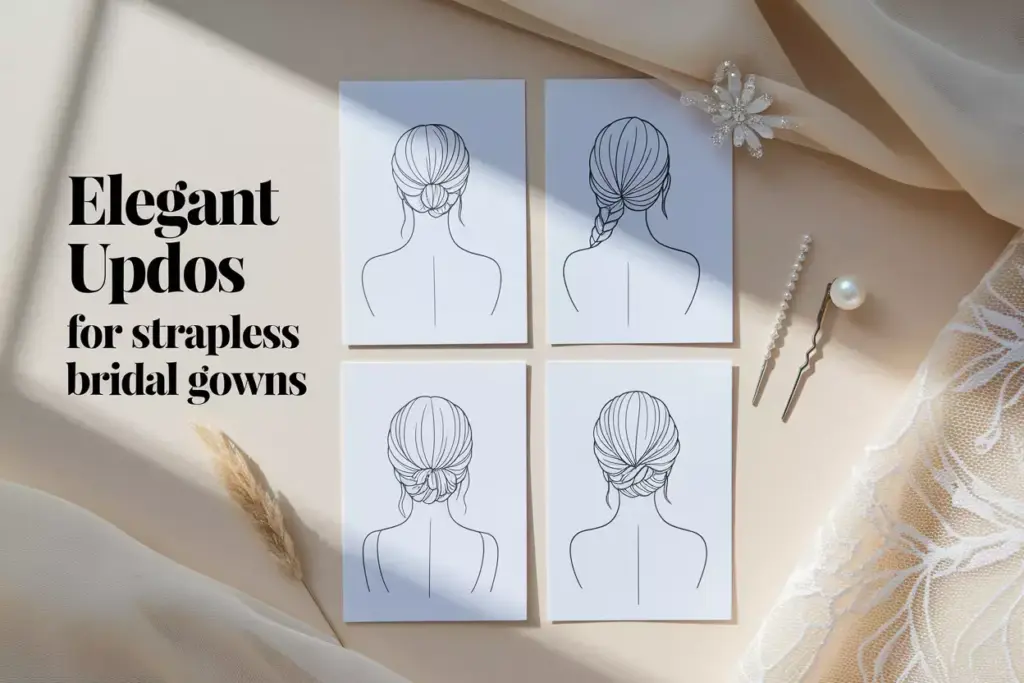 Elegant wedding hairstyle flat lay with sketch art and pearl accessories on ivory background