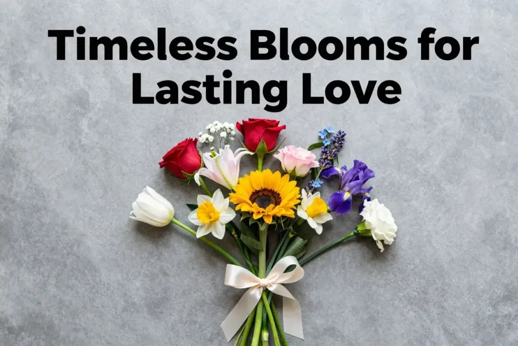 Eternal love bouquet seven flower combinations flat lay minimalist