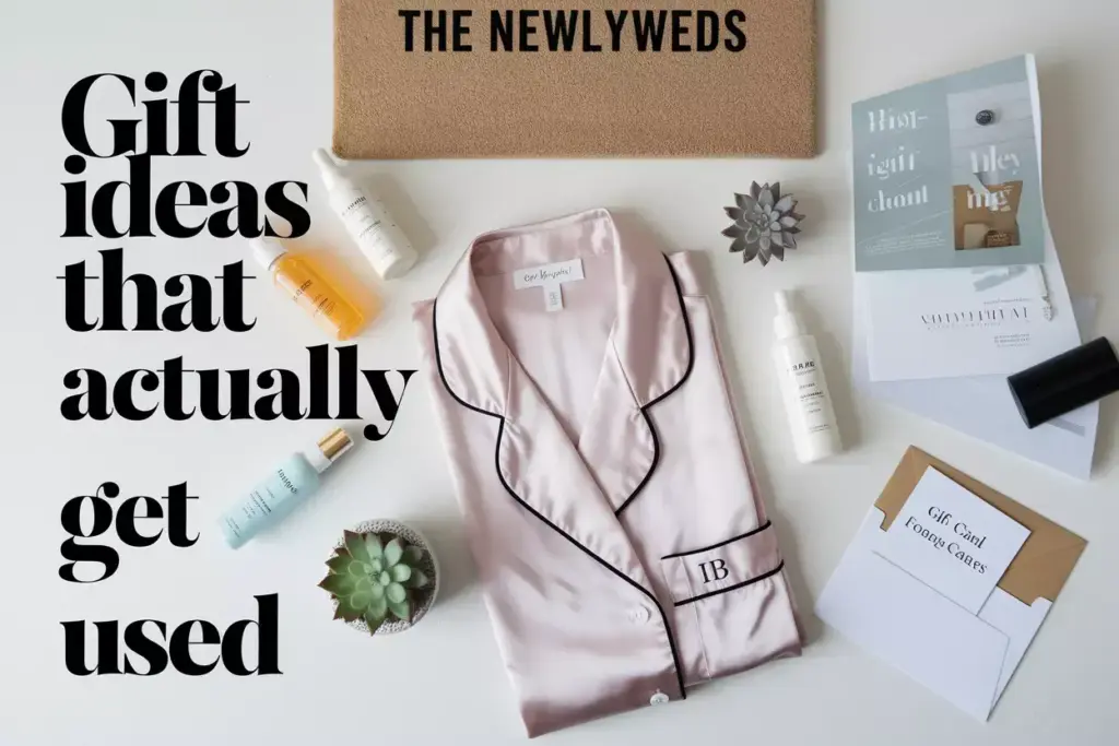 Flat lay of modern personalized and luxurious bridal shower gift collection
