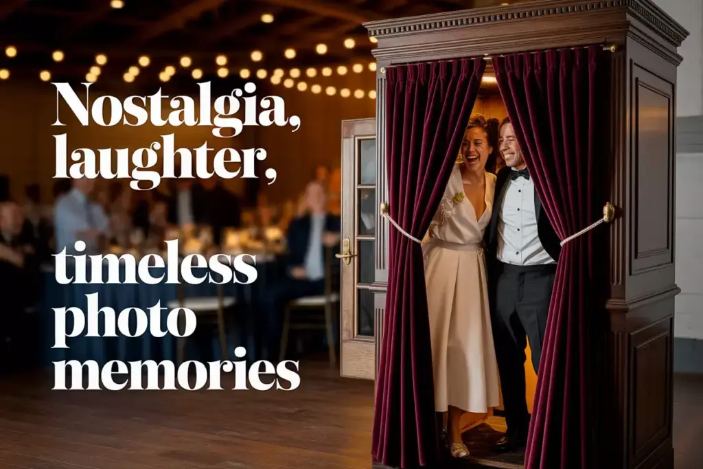 Premium vintage photo booth at elegant wedding reception with happy couple laughing inside