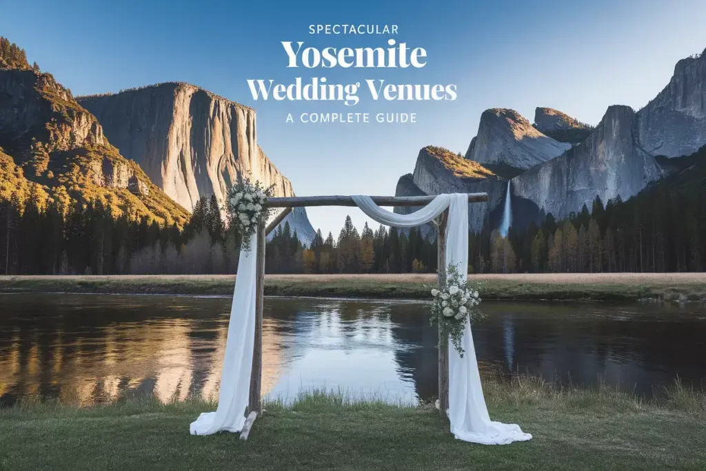 Wooden wedding arch by river framing yosemite valley vista