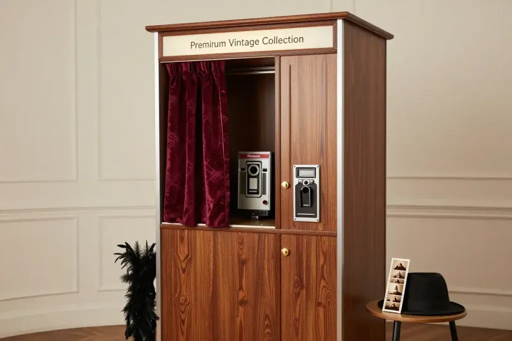 Authentic 1950s restored wooden photo booth with velvet curtain and sepia strip