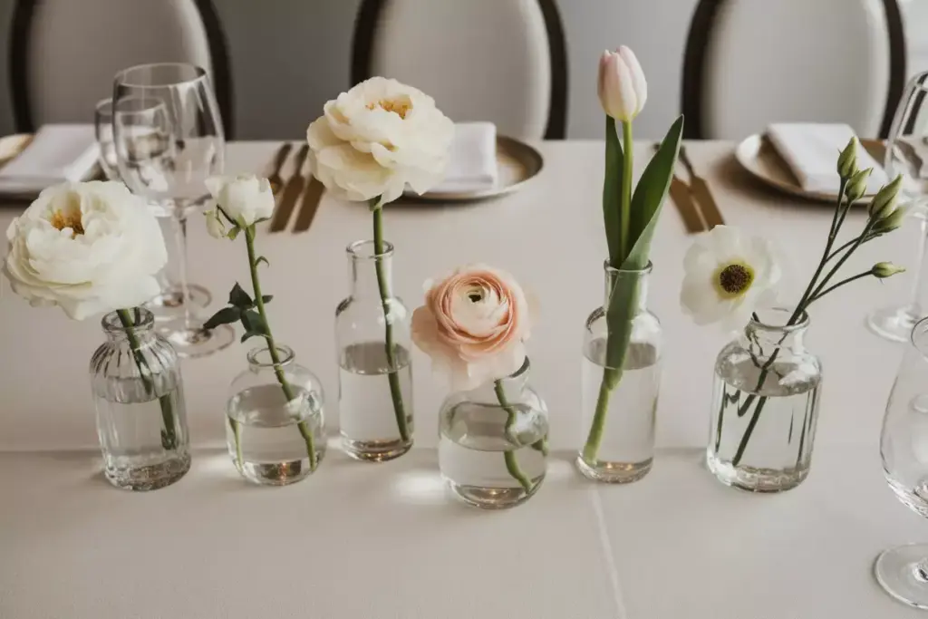 Classic elegance single stem bud vases on white linen table