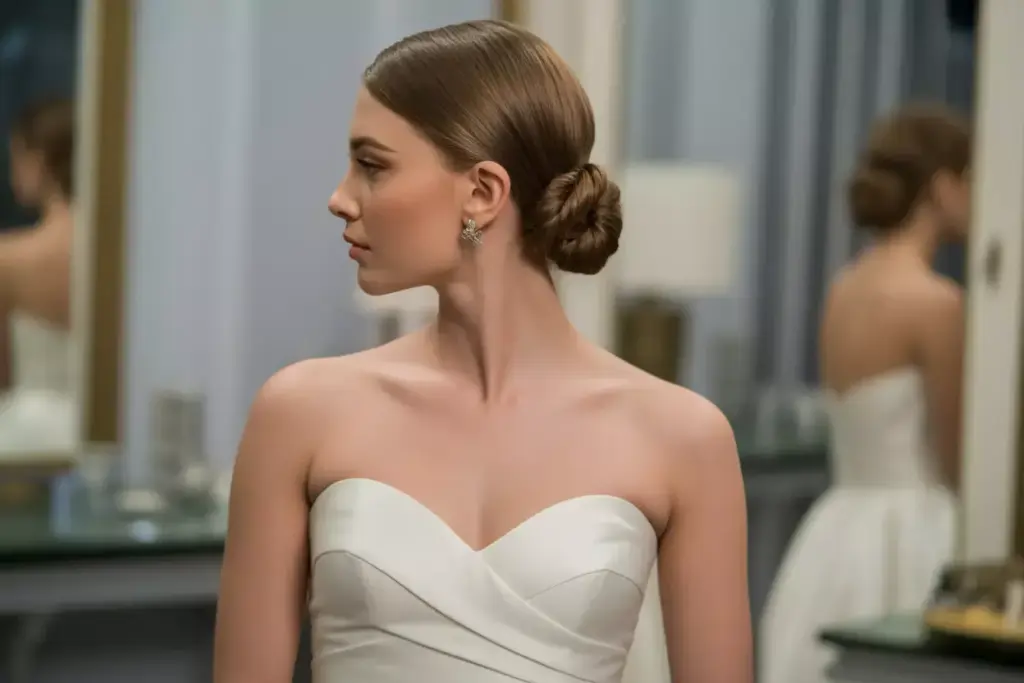 Classic elegant french twist updo on bride with sweetheart strapless gown