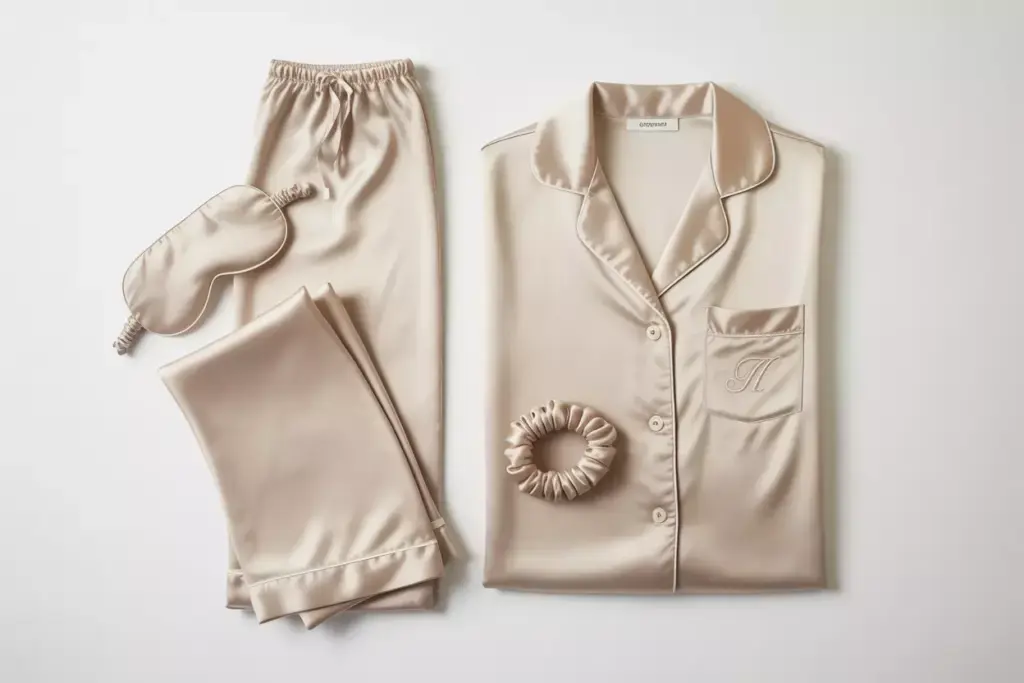 Premium champagne silk pajama set with monogram and accessories flat lay