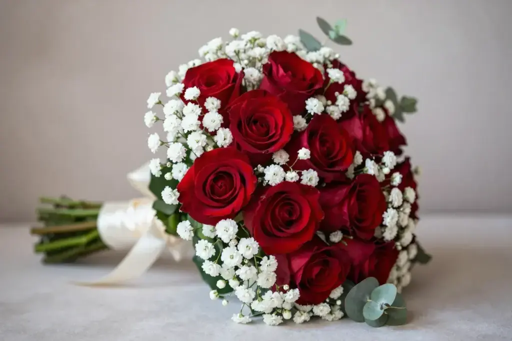 Red roses babys breath eucalyptus cream ribbon bridal bouquet