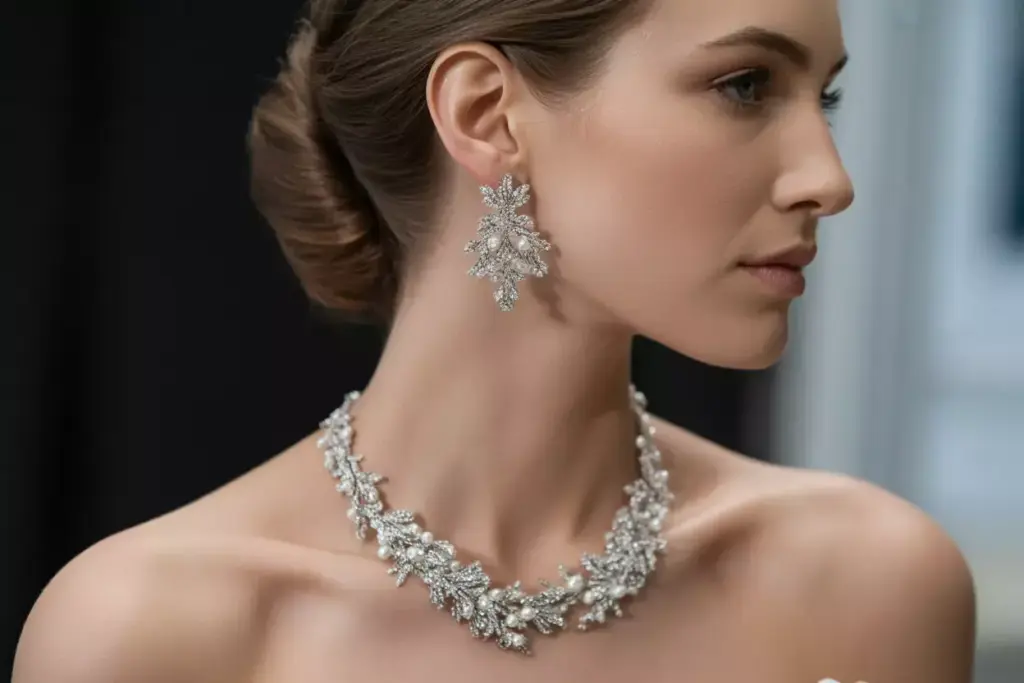 Statement crystal pearl chandelier earrings bride updo elegant portrait