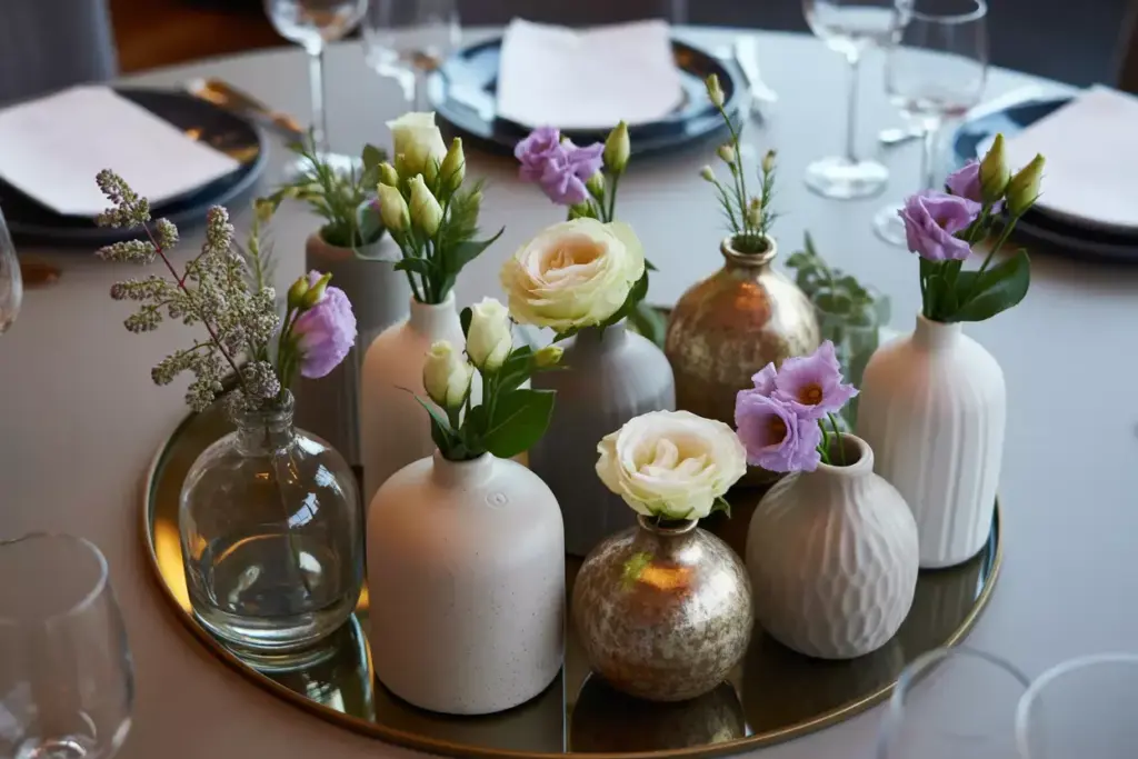 Clustered bud vases varying heights textures round table