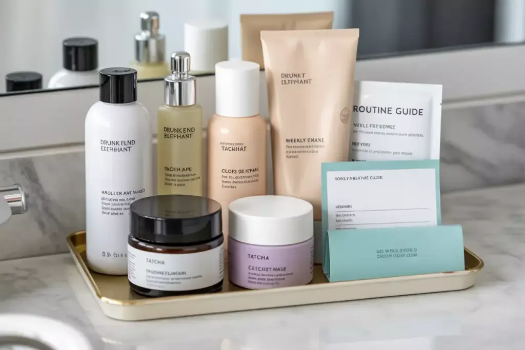 Curated skincare system with products and organizer on vanity