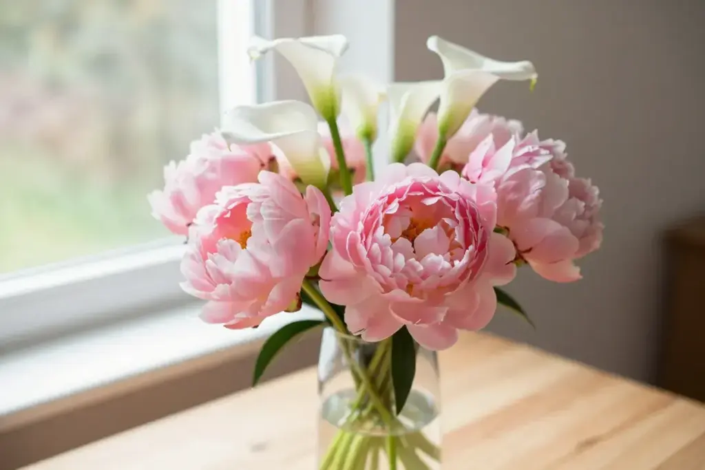 Pink peonies white lilies glass vase sunlit spring bouquet