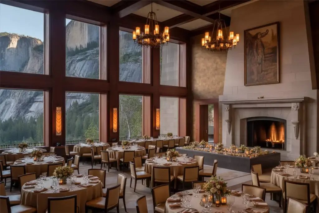 Ahwahnee hotel great lounge reception setup with mountain view