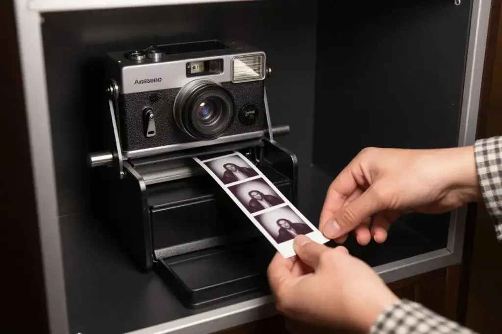 Close up of ansco mechanism dispensing black and white photo strip