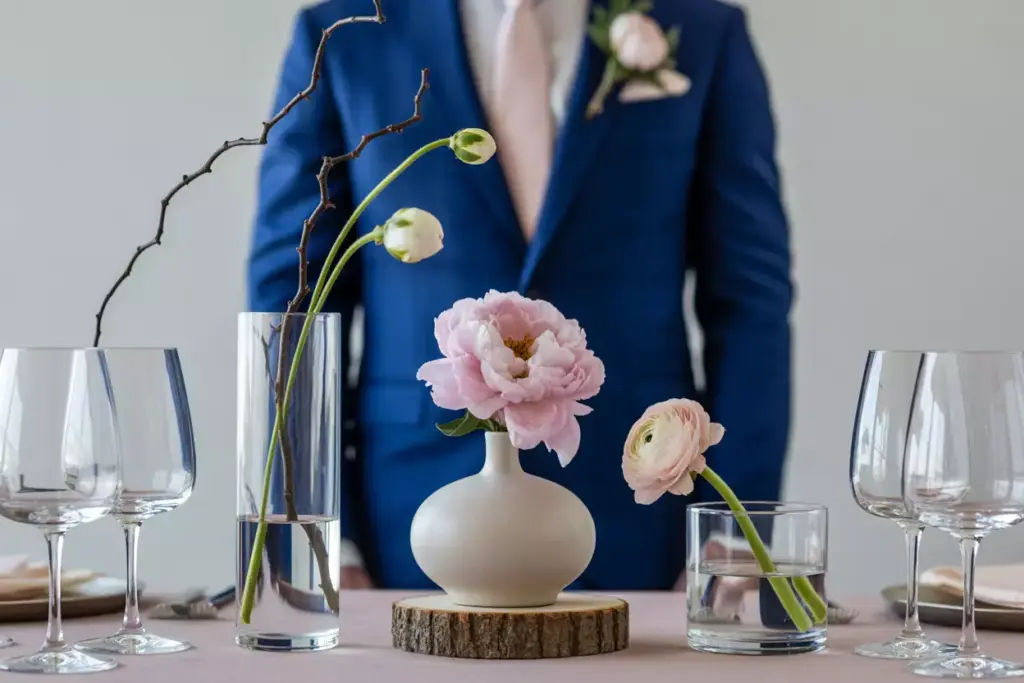 Mixed height bud vase arrangement triangular formation wood base