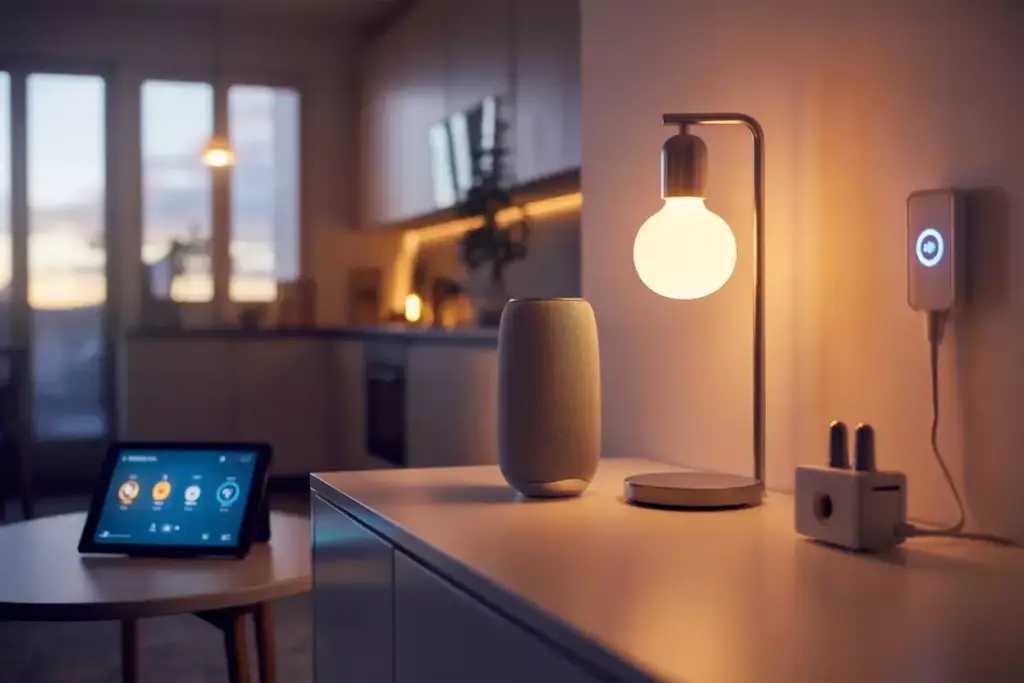 Modern living room with integrated smart home devices in use