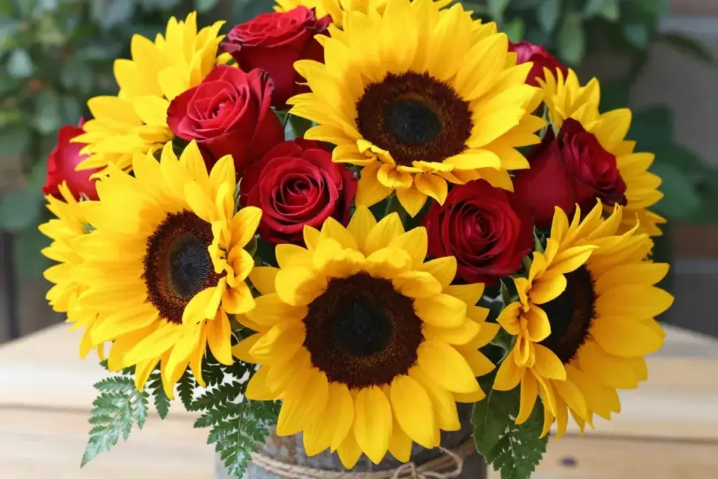 Sunflowers red roses rustic jute summer celebration bouquet