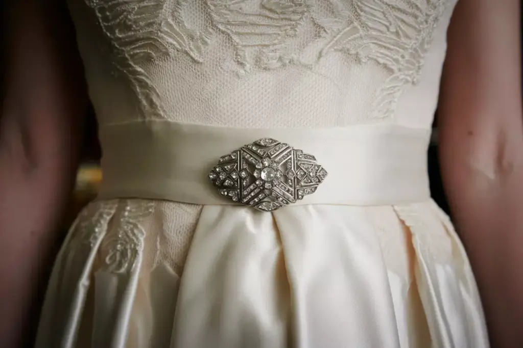 Art deco vintage brooch pinned wedding dress waist satin sash
