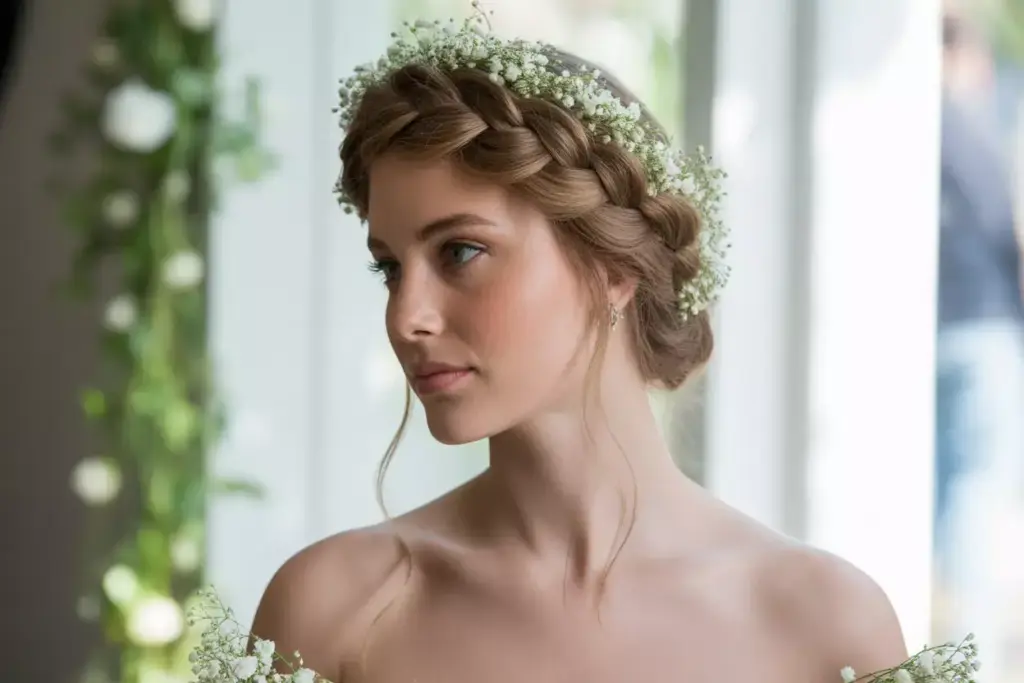 Ethereal braided crown with flowers for romantic strapless gown