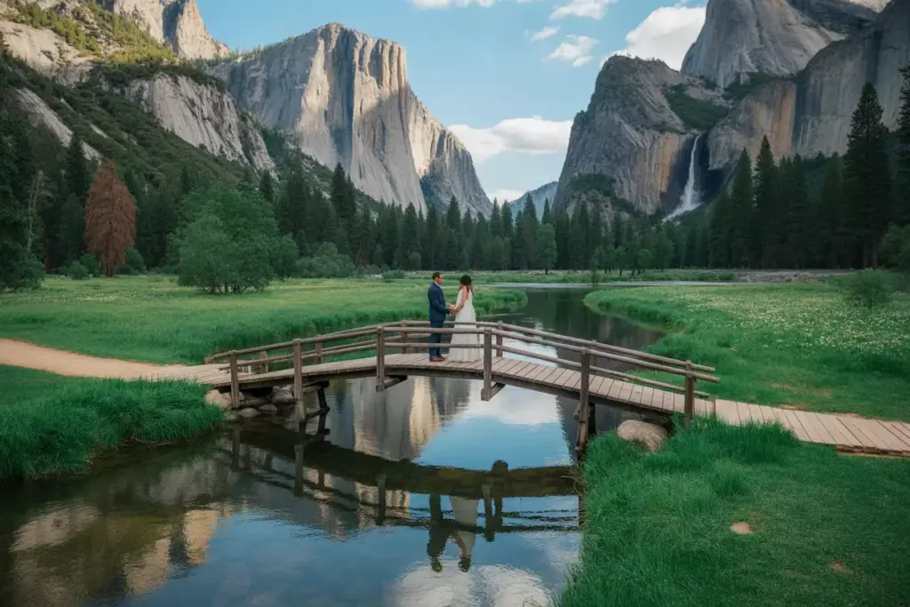 Intimate ceremony on swinging bridge over merced river