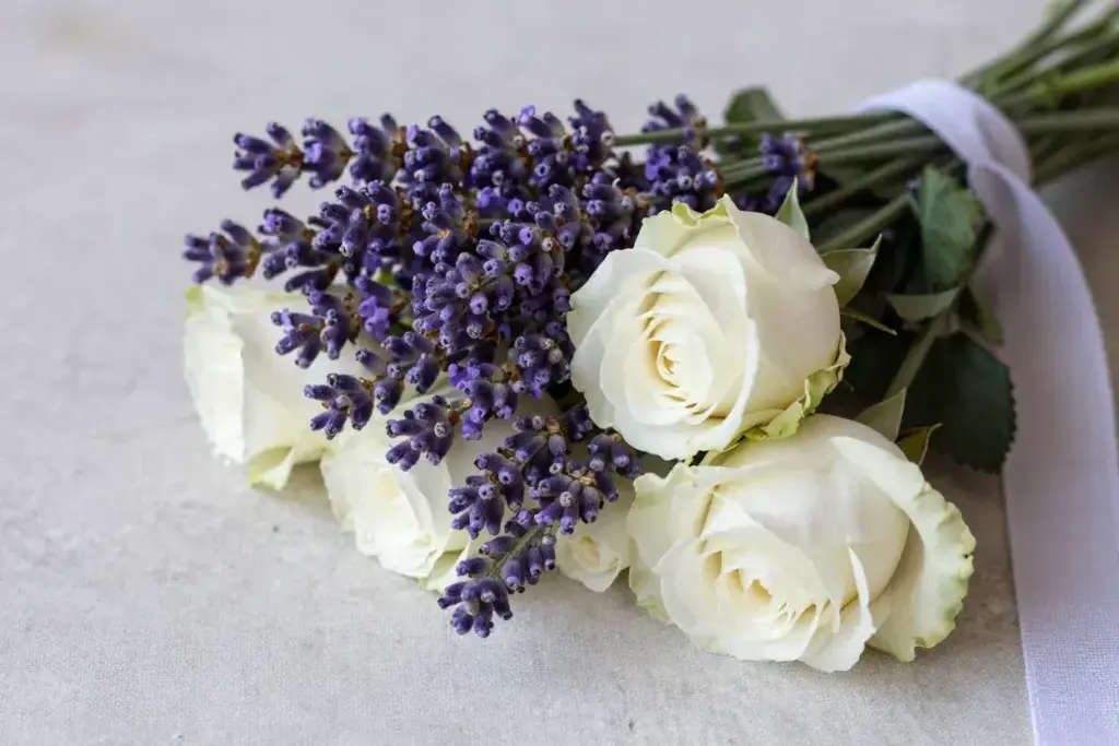 Purple lavender white roses linen ribbon serene aromatic bouquet