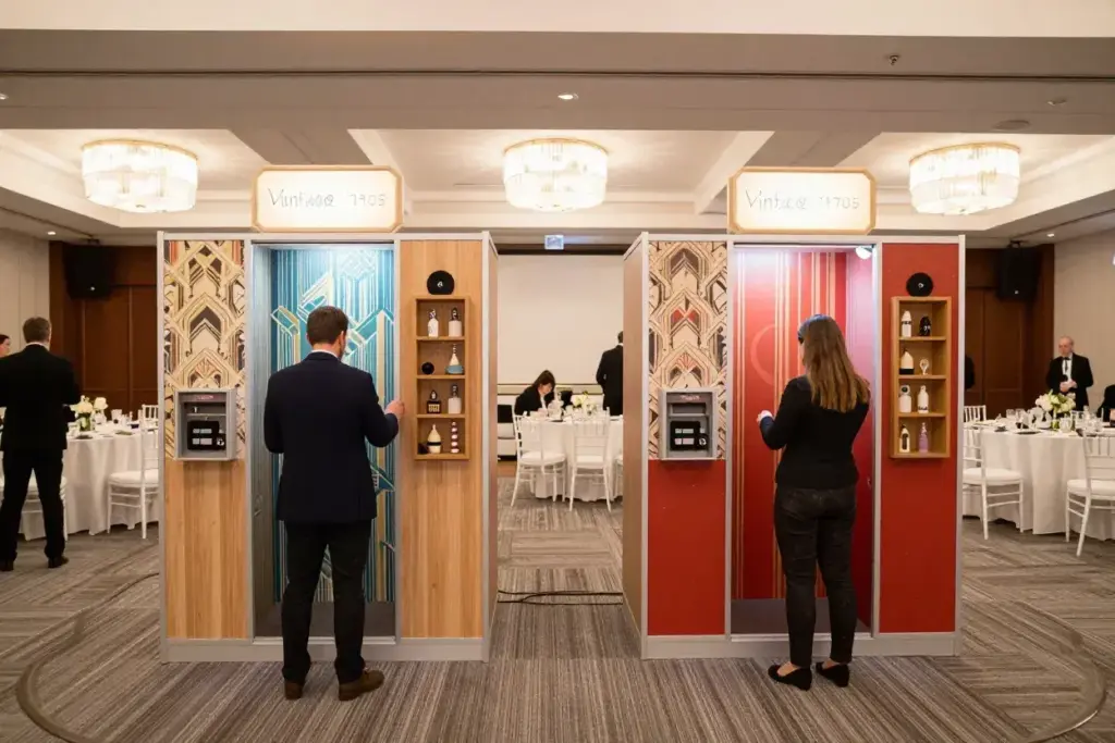 Two different era vintage booths with custom backdrops at gala
