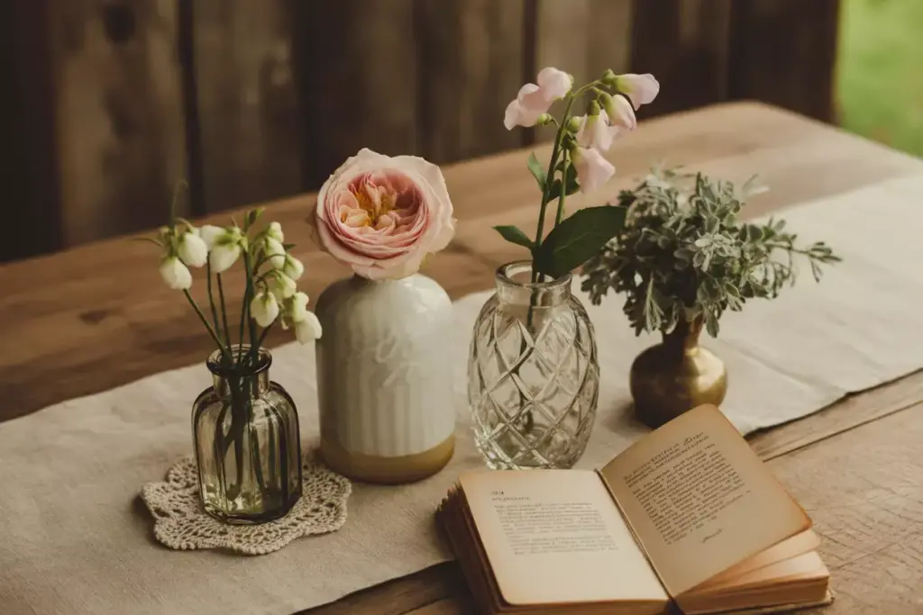 Vintage milk glass crystal brass vases antique book lace