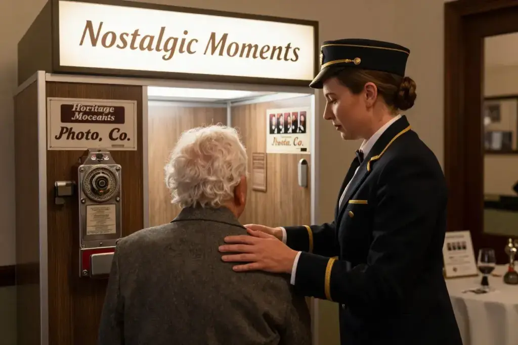 Attendant in period uniform assists guest at immersive heritage booth