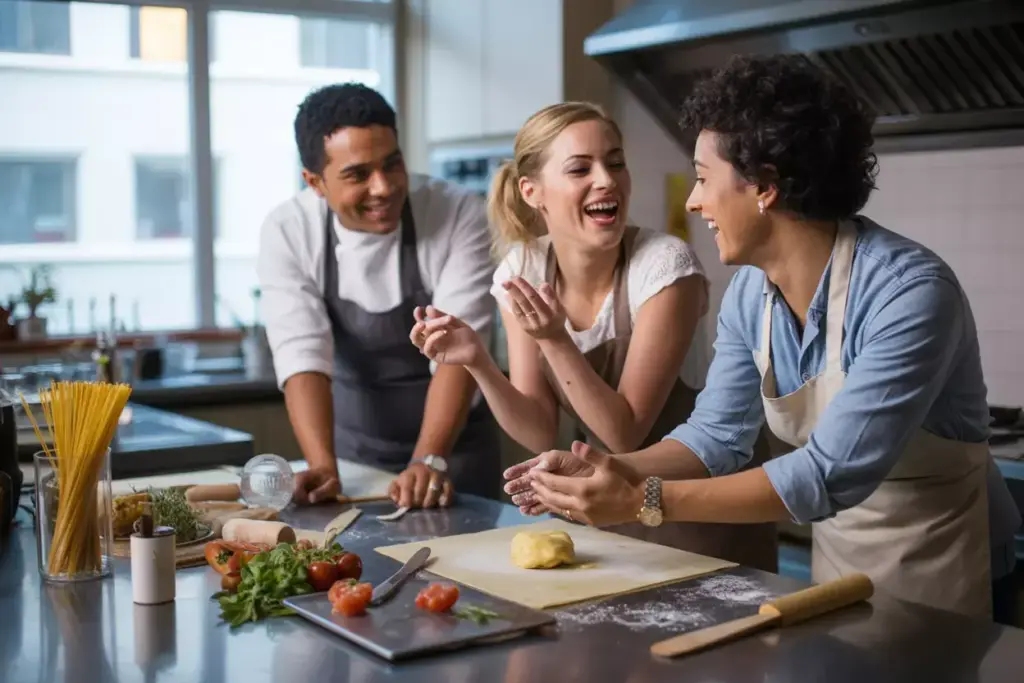 Couple and chef in cooking class making pasta together laughing