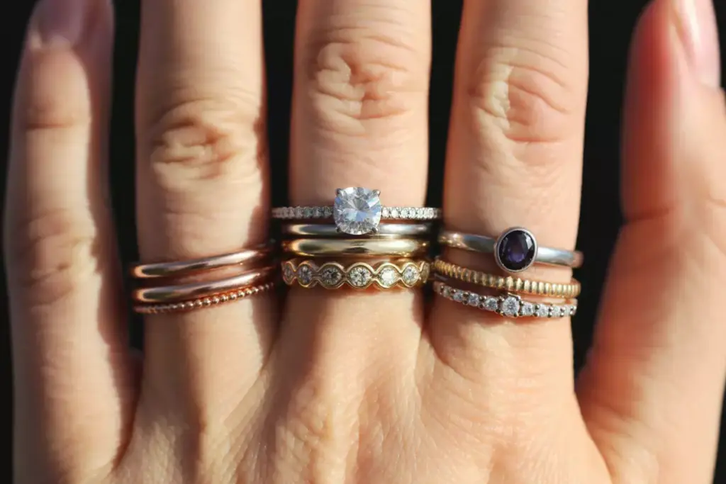 Personalized stackable rings engagement band birthstone mixed metals