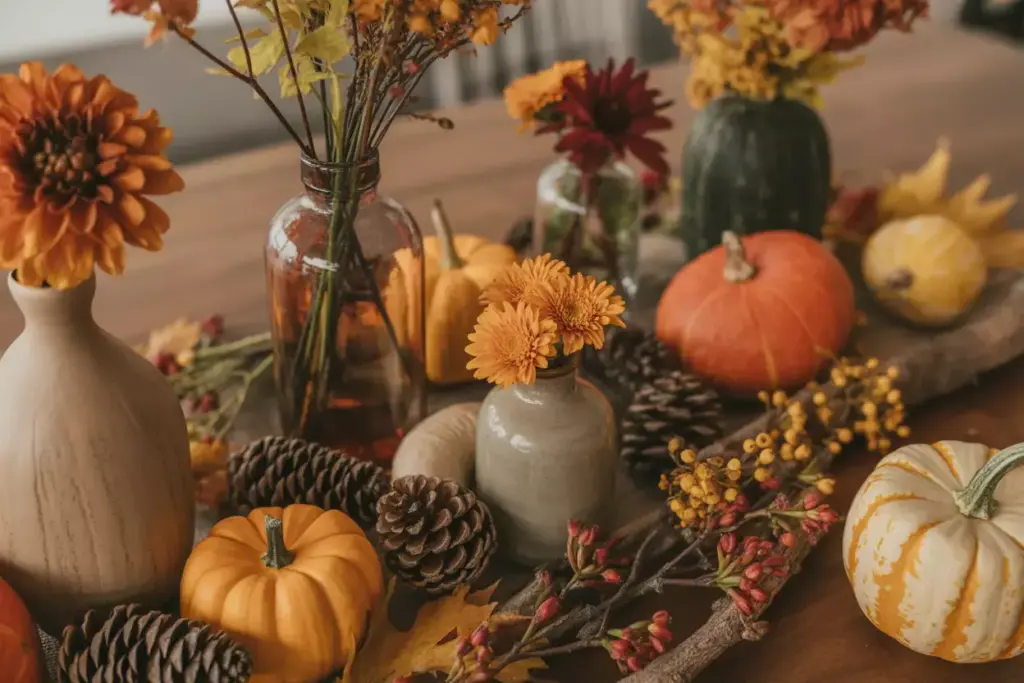 Autumn bud vases dahlias pumpkins pinecones wooden table