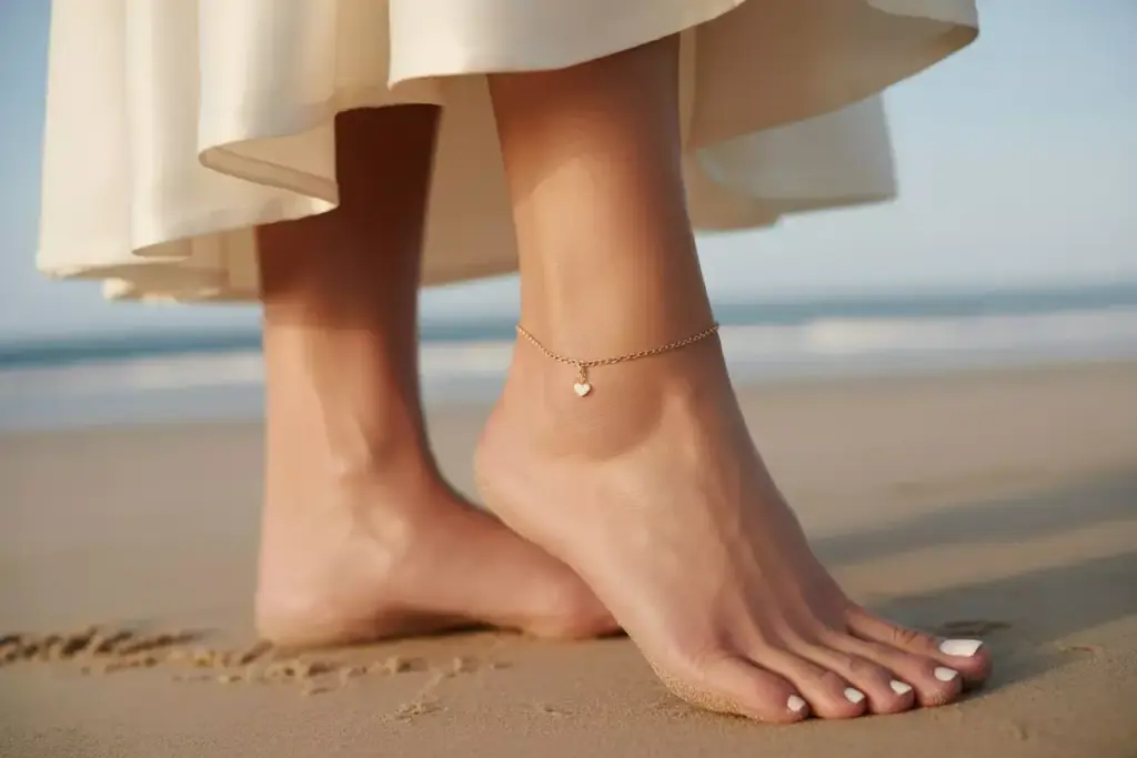 Delicate gold anklet small charm bare foot beach wedding hem