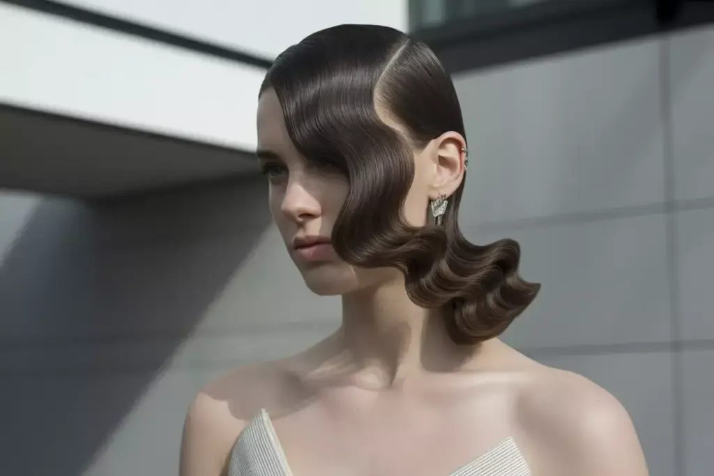 Dramatic asymmetrical side sweep with geometric strapless gown