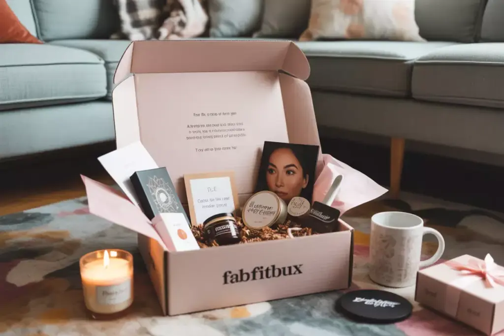 Open subscription box with curated lifestyle products on cozy rug