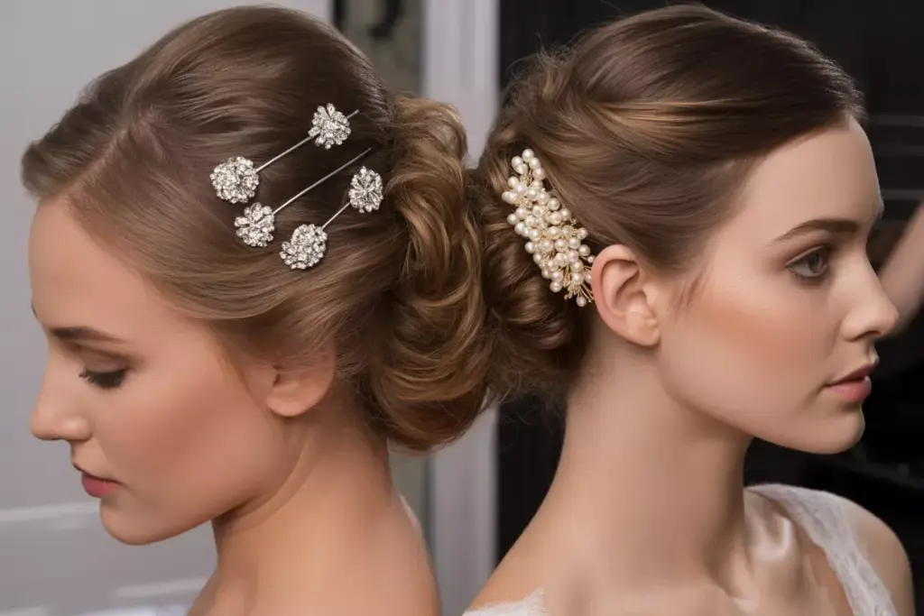 Crystal hair pins pearl comb incorporated bridal updo hairstyle