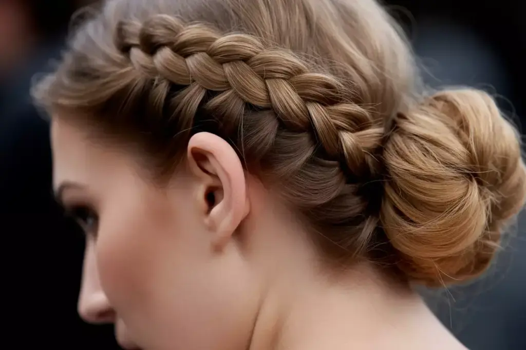 Intricate braided side bun detail for elegant strapless bridal look
