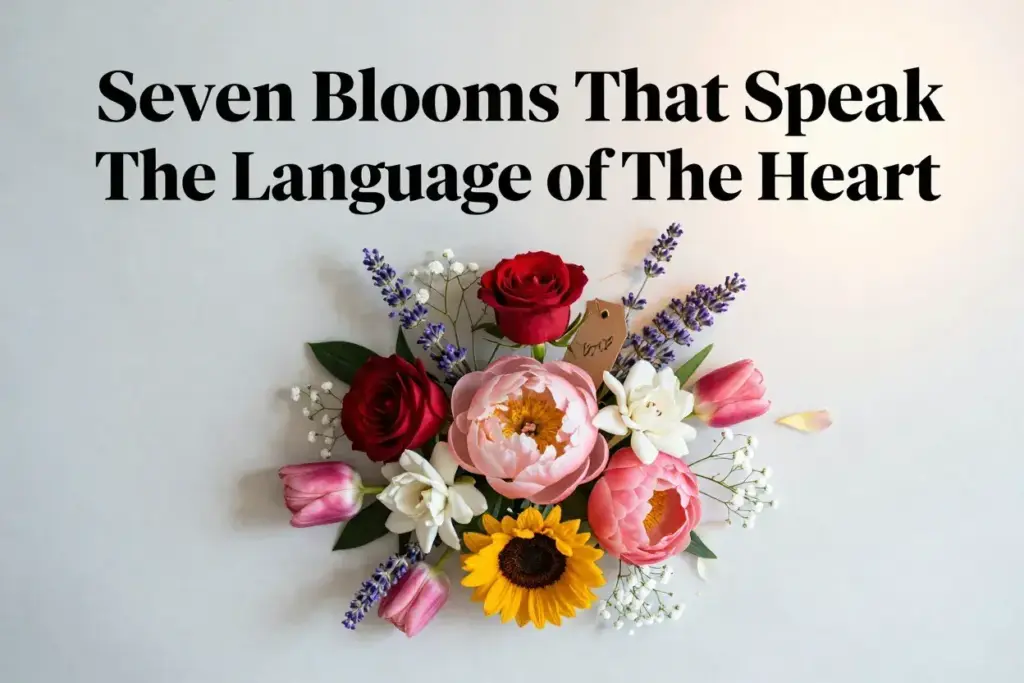 Elegant flatlay seven romantic blooms red rose pink peony gardenia lavender sunflower tulip babys breath with handwritten tag on marble