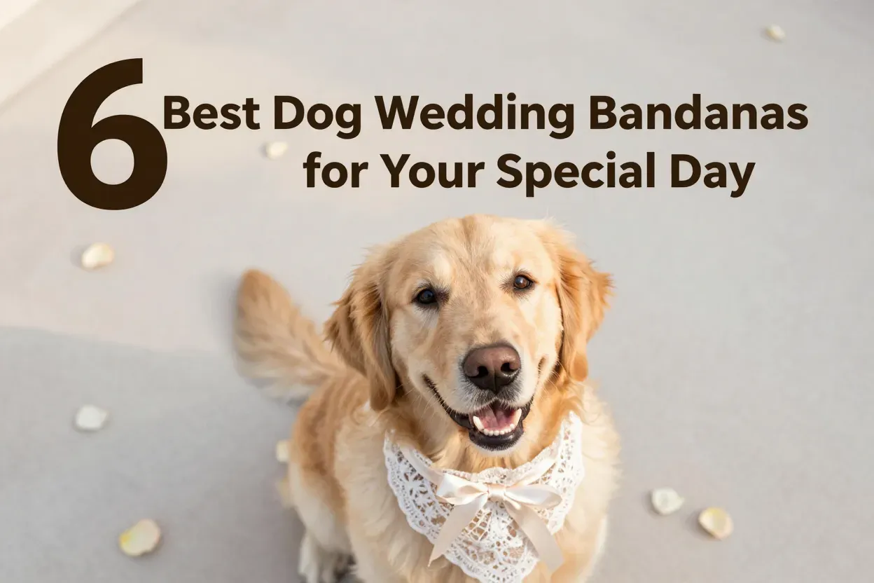 Elegant golden retriever in lace wedding bandana on soft fabric with petals