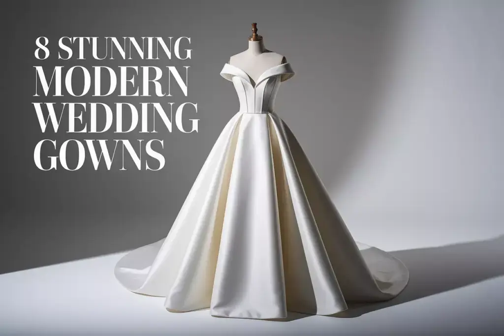 Minimalist architectural wedding gown on dress form clean backdrop