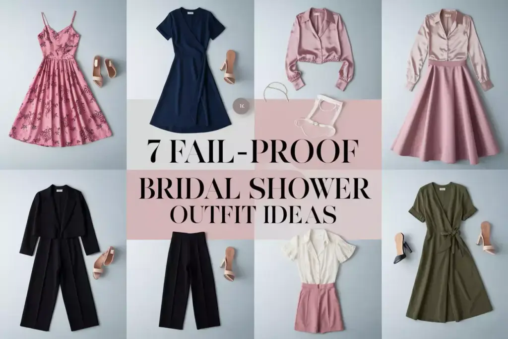 Seven versatile guest outfits flat lay for bridal shower style guide