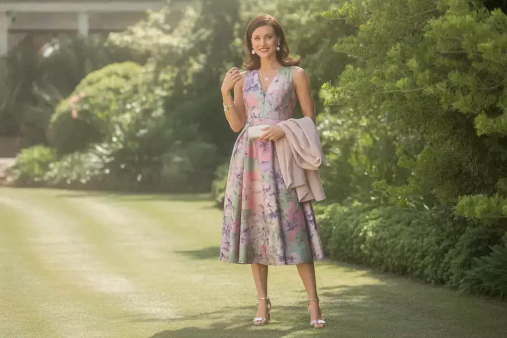 Classic floral midi dress in garden with nude sandals pearls